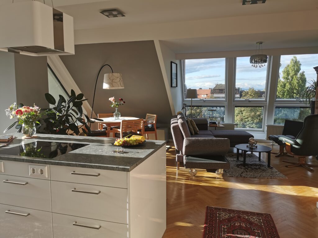 Blick in Essbereich und Wohnzimmer