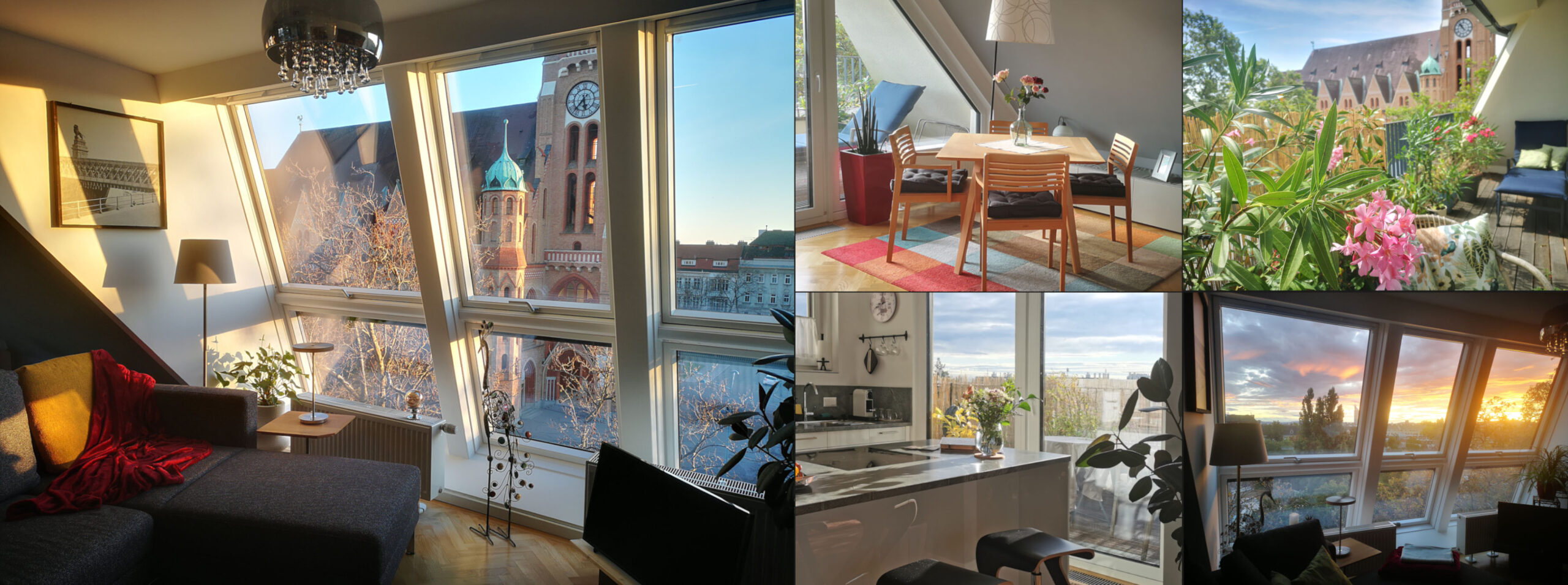 Fotos unserer Ferienwohnung. Blick aus dem Dachfenster auf St. Leopold, Esszimmer, Dachterrasse, Küche, Abendsonne mit Sonnneuntergang